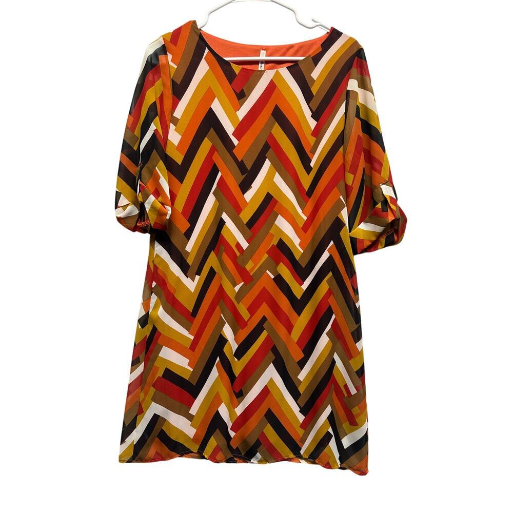 Rachel Kate Chevron Shift‎ Dress M Retro Fall Colors 70s Style Geometric Print